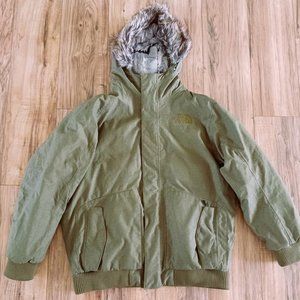 North Face Mens XL Green Fur Goose Down Winter Puffer Jacket Heavy Parka Coat
